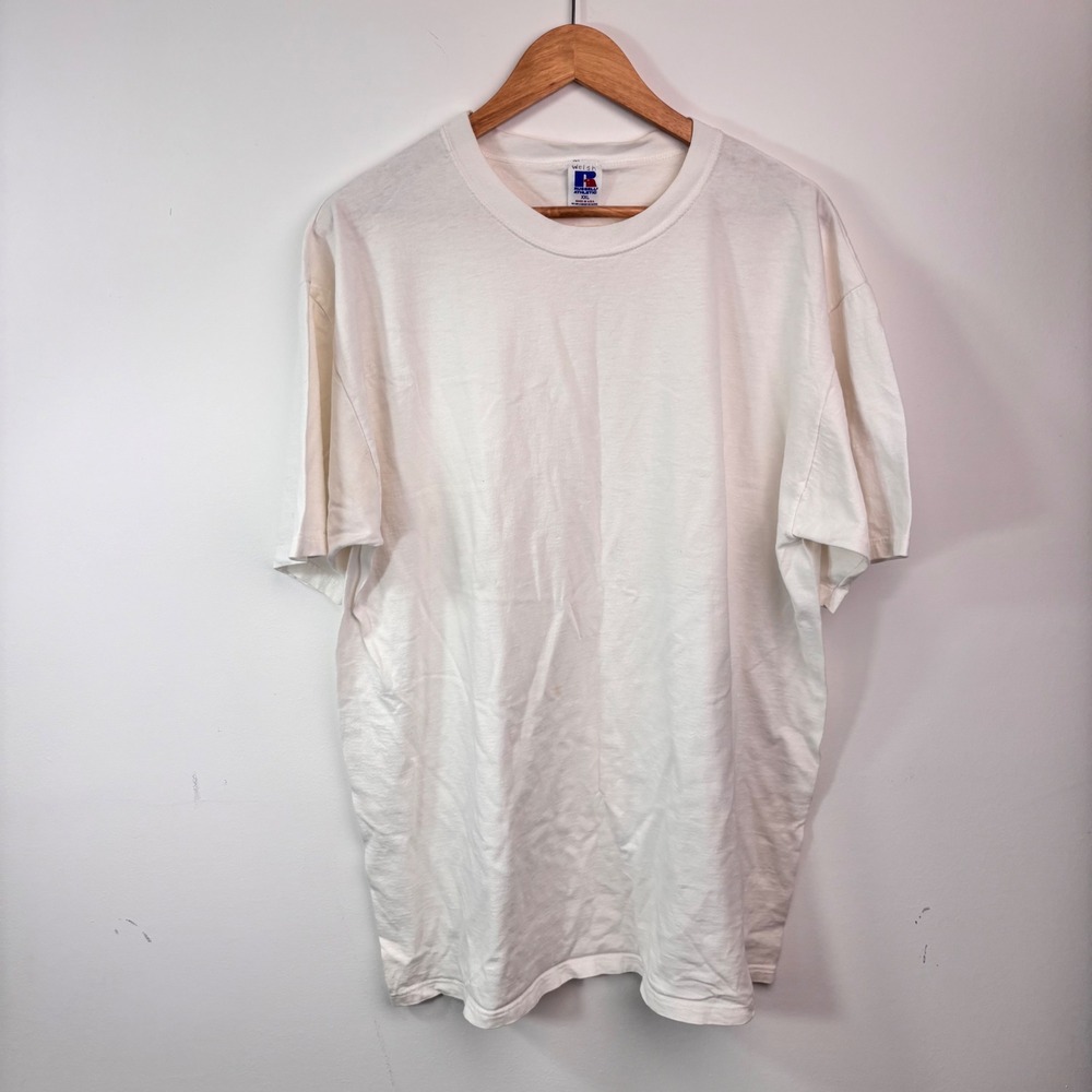 Vintage 1990s Russell Athletic Blank White Single Stitch USA Made Tee XXL